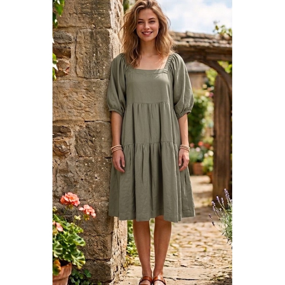 Beyond Words M Olive Green Tiered Square Neck Puff Sleeve Rayon Midi Dress